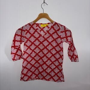 Roller Rabbit Jemina Kids Kurta Cover-Up Pink Red Block Print Size 2T
